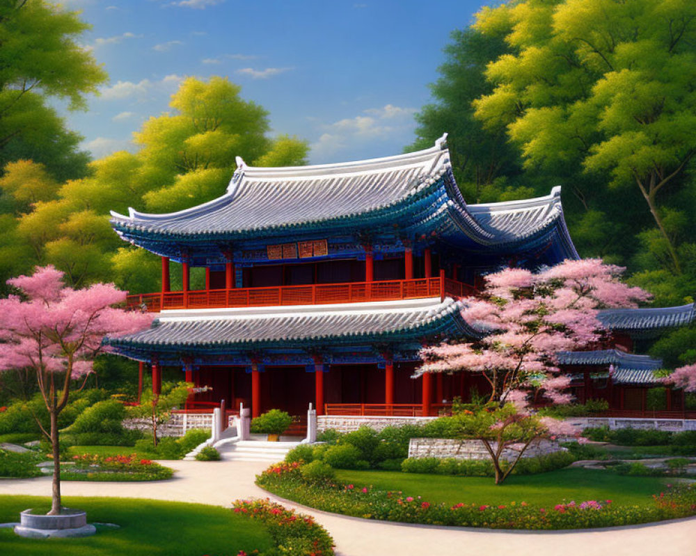 Traditional Asian pagoda in blooming cherry blossom garden under clear blue sky