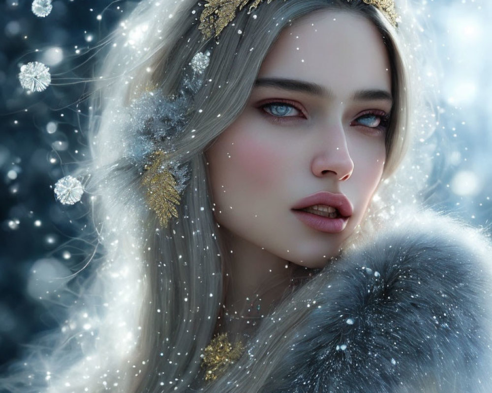 Pale-skinned woman with blue eyes in golden headpiece and fur cloak surrounded by snowflakes