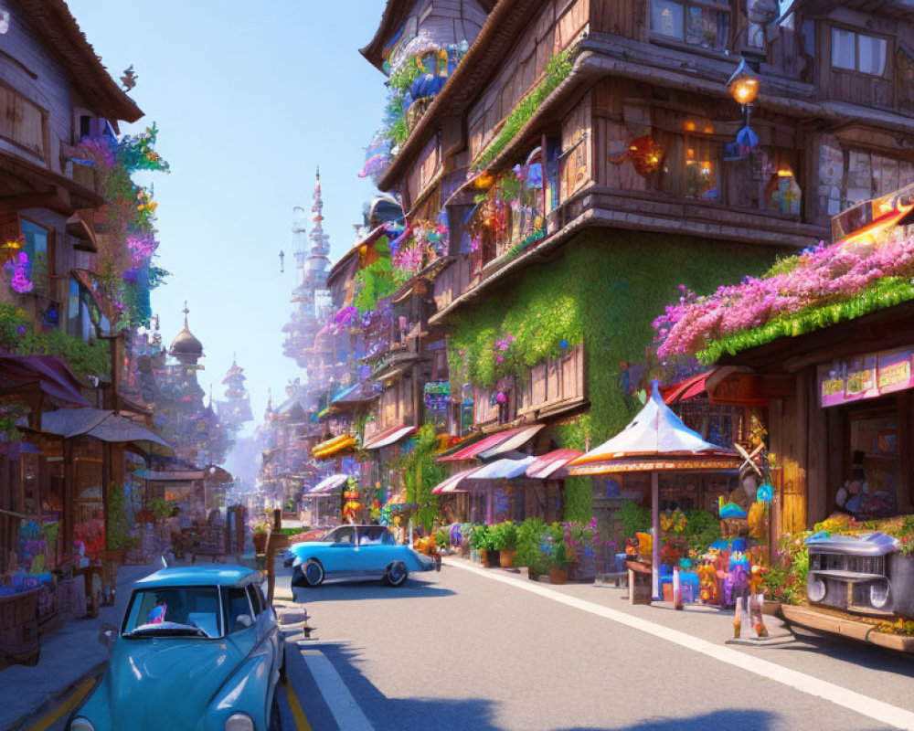 Colorful street scene with vintage cars, market stalls, and charming buildings.