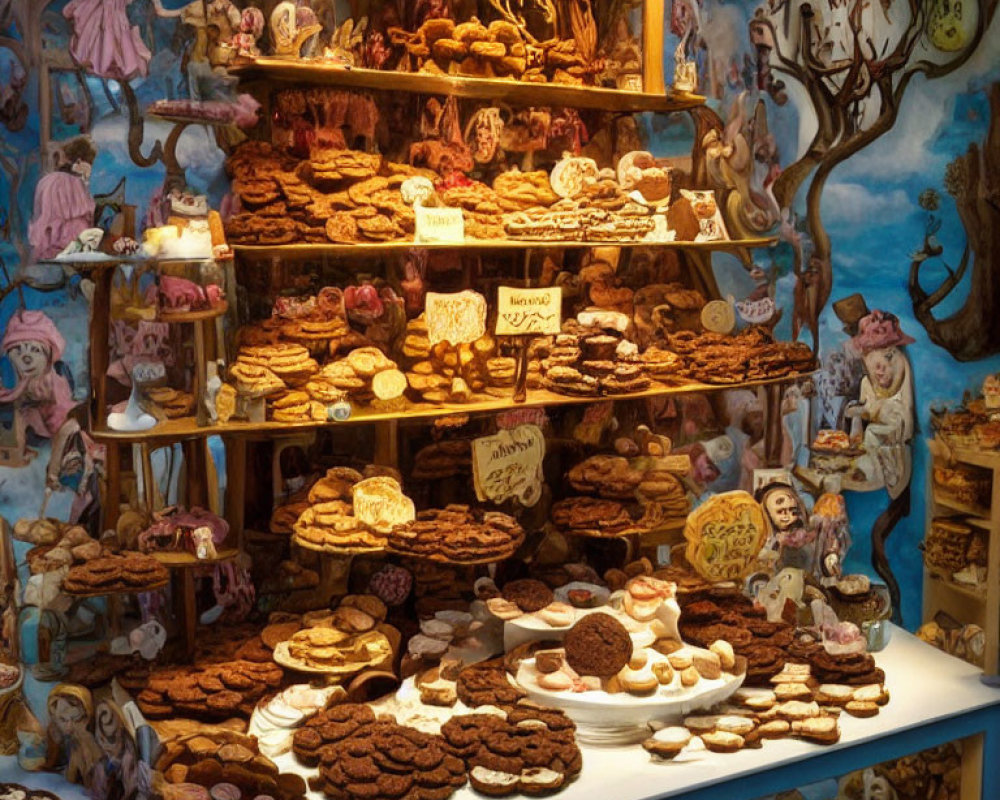 Whimsical bakery display with cookies and treats, adorned with illustrations