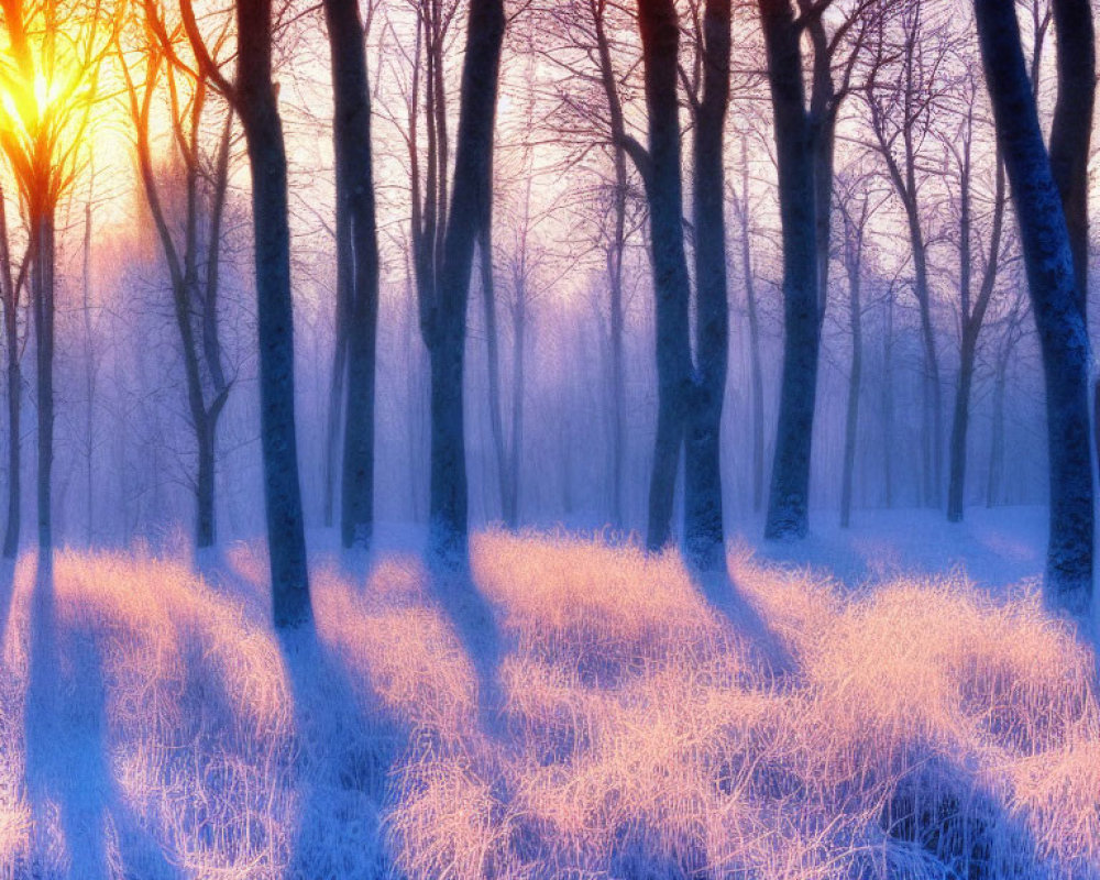 Winter landscape with sunbeams through bare trees on frost-covered ground