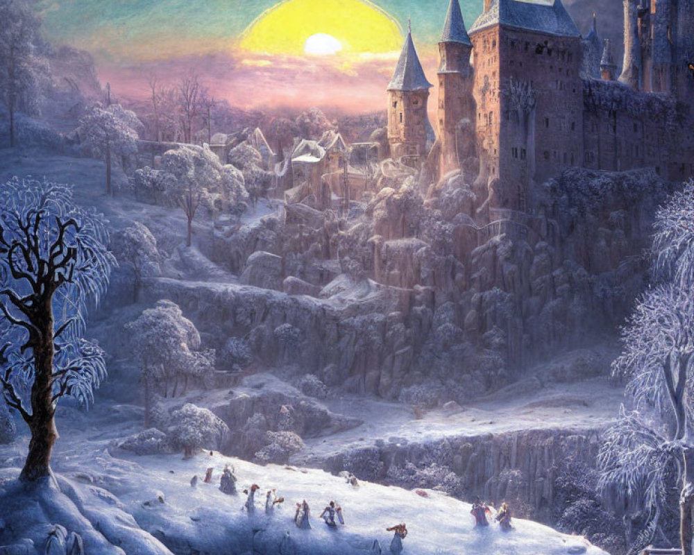 Snow-covered castle and winter scenery with people, animals, and swing at sunrise