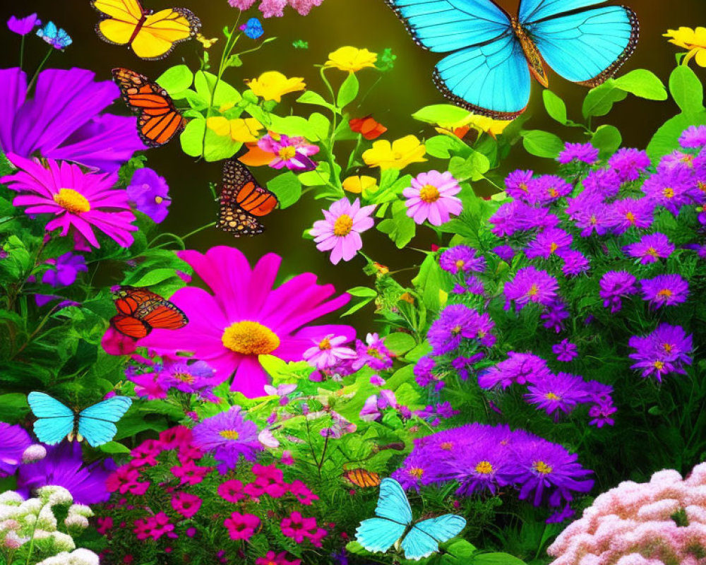 Colorful Garden Scene with Flowers and Butterflies on Dark Background