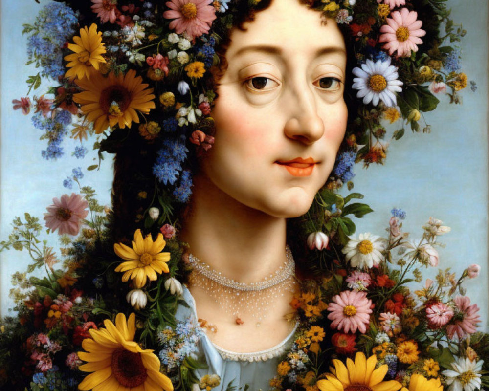Portrait of serene woman with vibrant flower wreath and pearl necklace