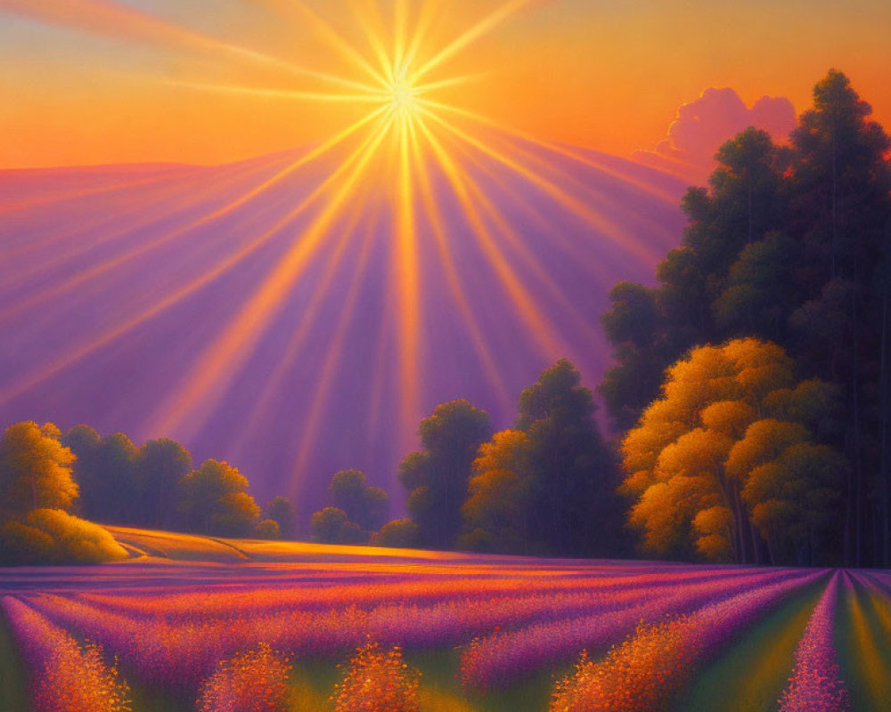 Sunrise landscape with rays, purple flowers, and golden trees