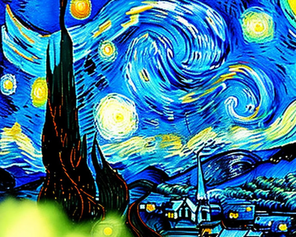 Vibrant painting of swirling blue sky, stars, cypress tree, crescent moon, and
