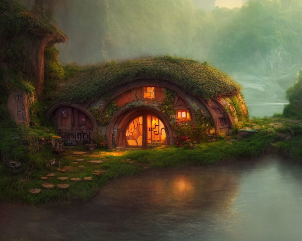 Charming Hobbit-style house with round doors and thatched roof near serene river at dusk
