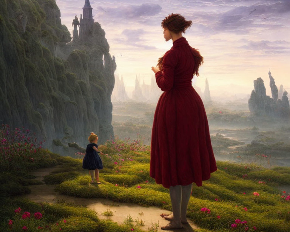 Woman in red dress gazes at child in magical landscape
