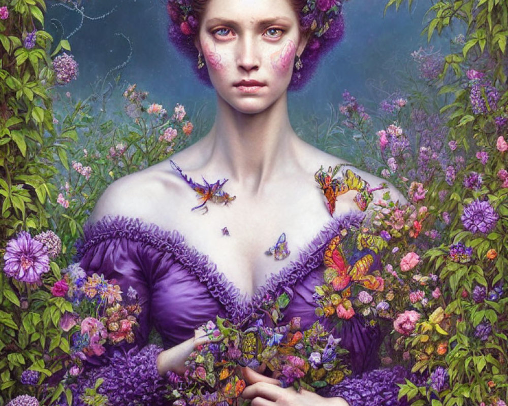 Portrait of Woman Integrated with Flora and Fauna in Serene Setting
