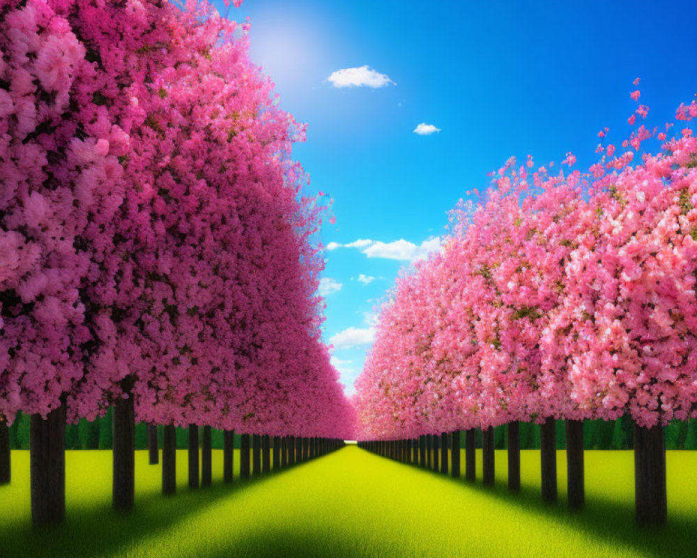 Scenic pathway with pink cherry blossom trees under blue sky