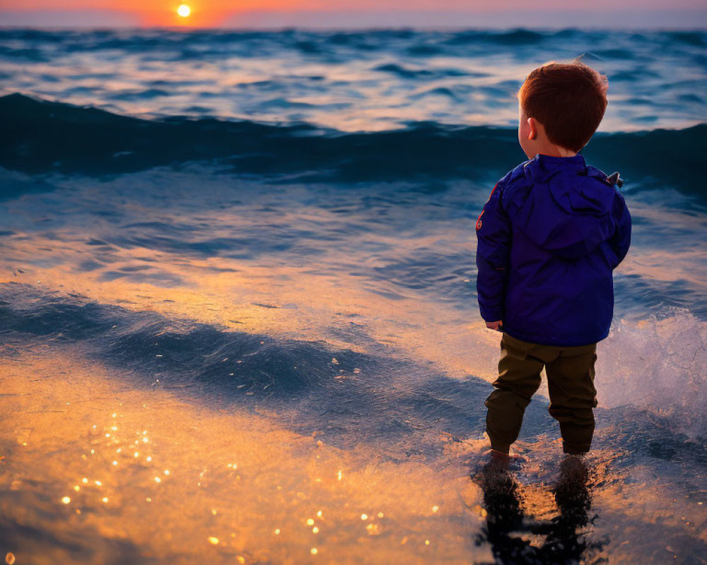 Child in Purple Jacket Watches Sunset by the Sea