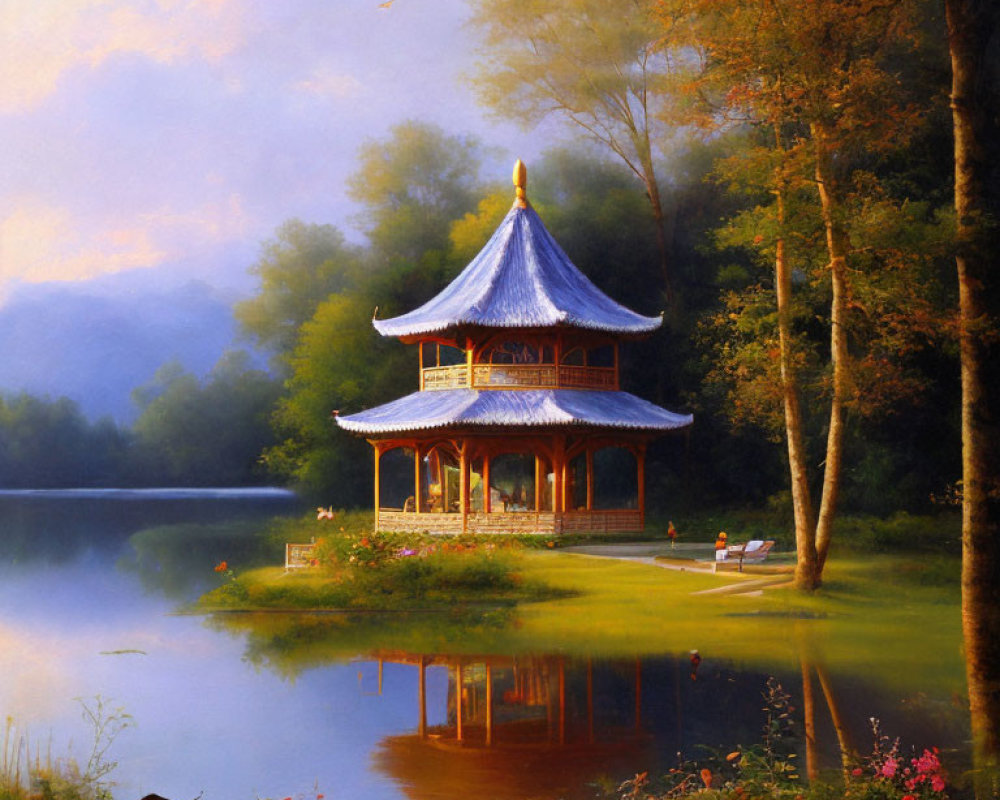 Tranquil lakeside scene with pagoda in forest setting at dusk