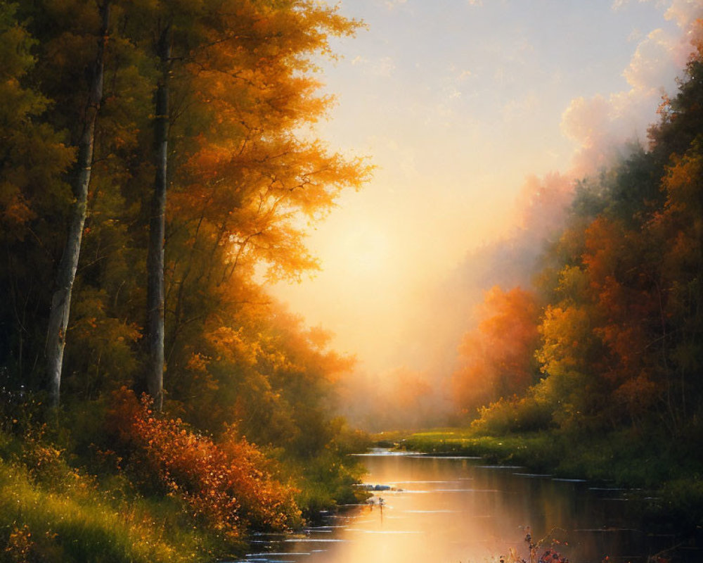 Sunlit River Flanked by Trees in Autumn Forest