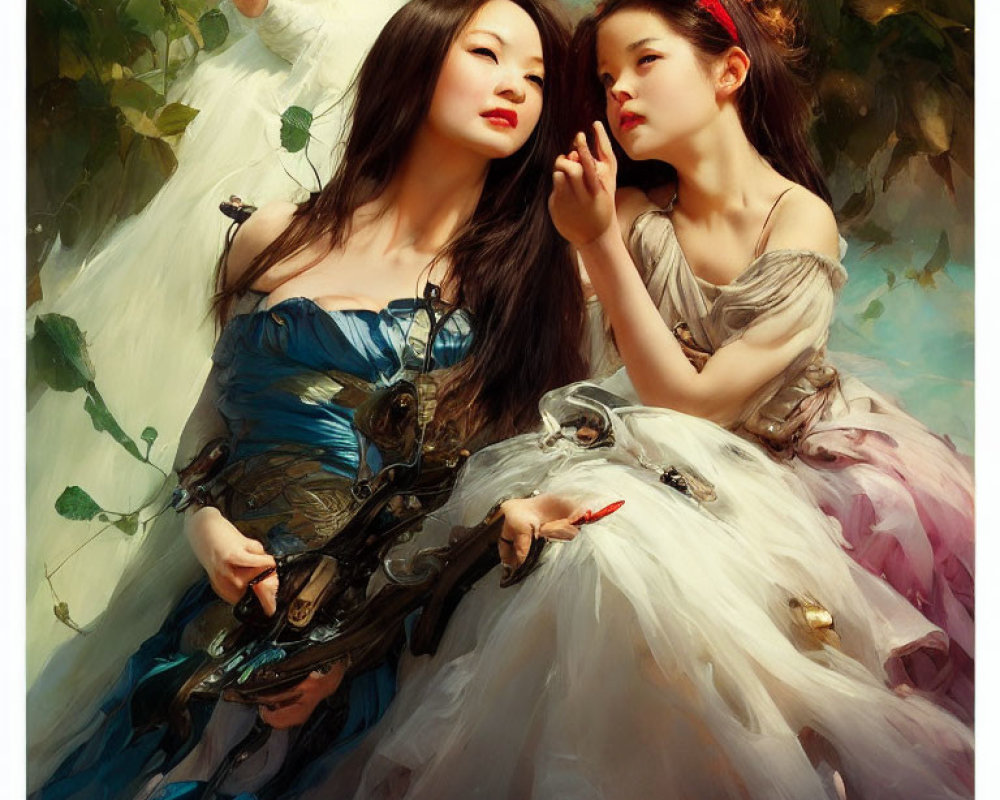 Two Women in Fantasy Dresses Posing in Nature Setting