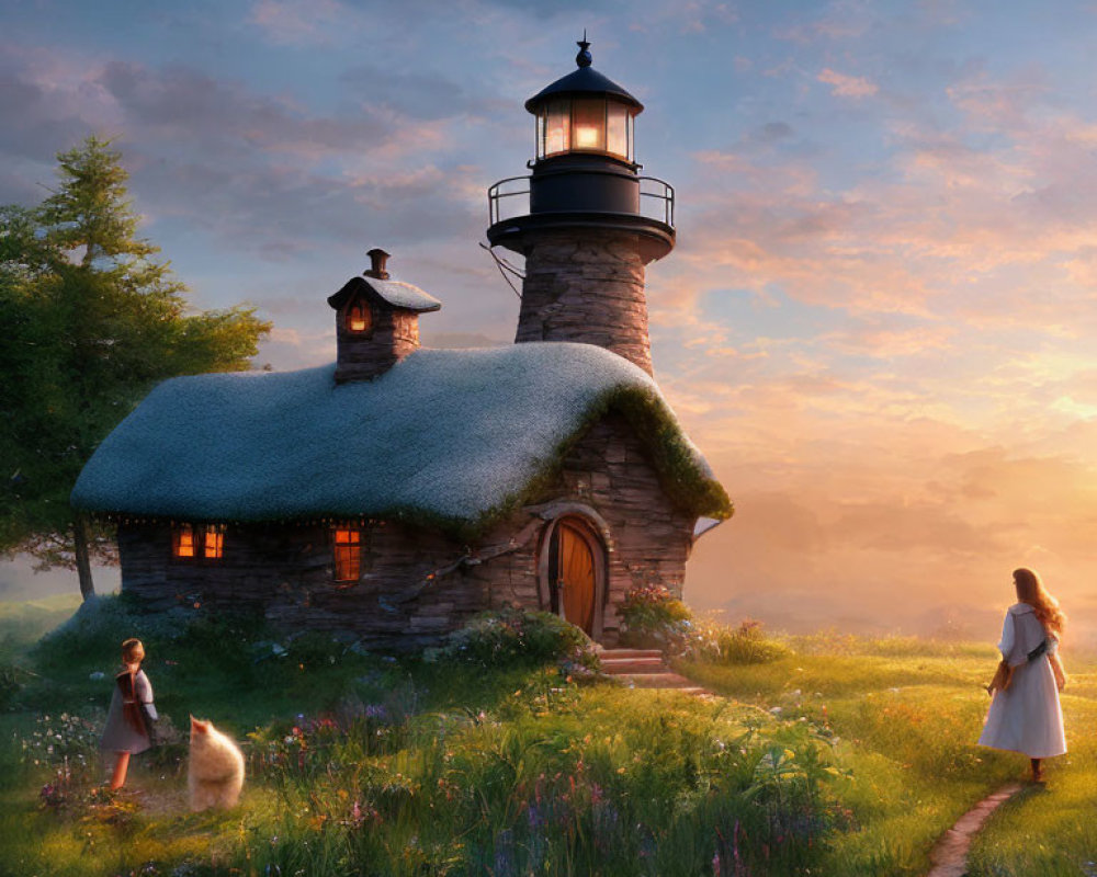 Charming cottage with attached lighthouse, woman, child, and dog walking at sunset