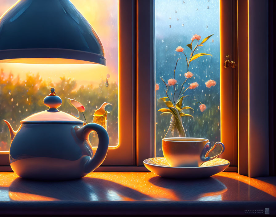 Tea time by the window on a rainy day
