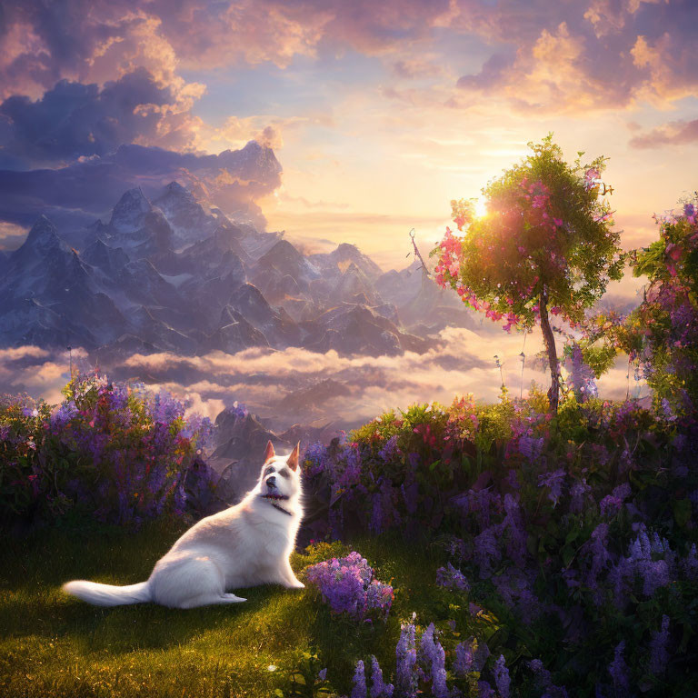 White cat in meadow with purple flowers and mountains at sunset