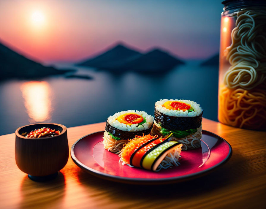 Sushi Rolls on Plate with Chopsticks and Sunset Lake View