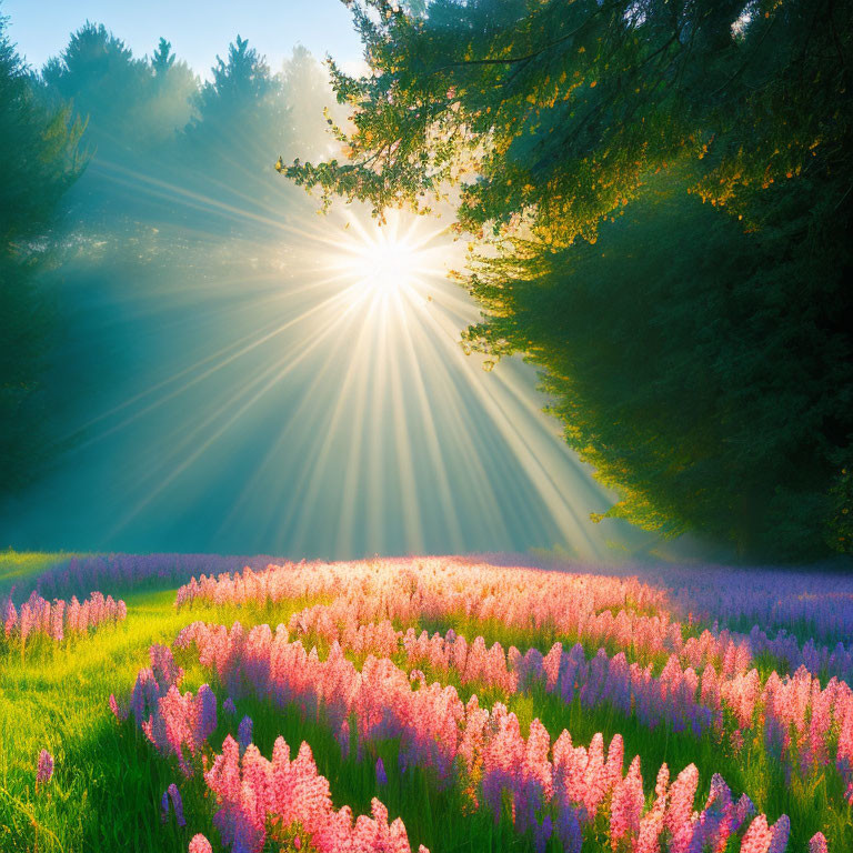 Sunbeams on vibrant purple flowers in morning mist