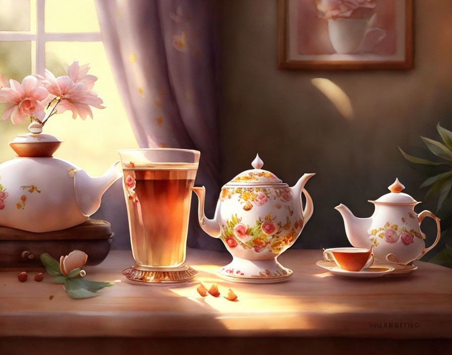 Tea setting with glass of tea, teapot, creamer, sugar bowl, lavender curtains,