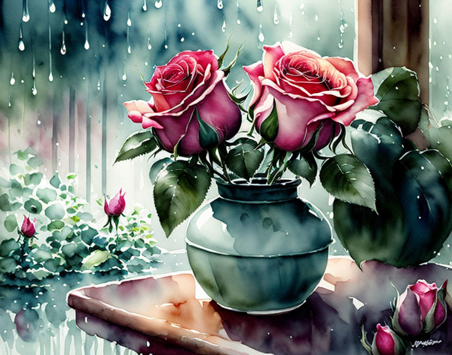 Vibrant roses in blue vase with raindrops on window