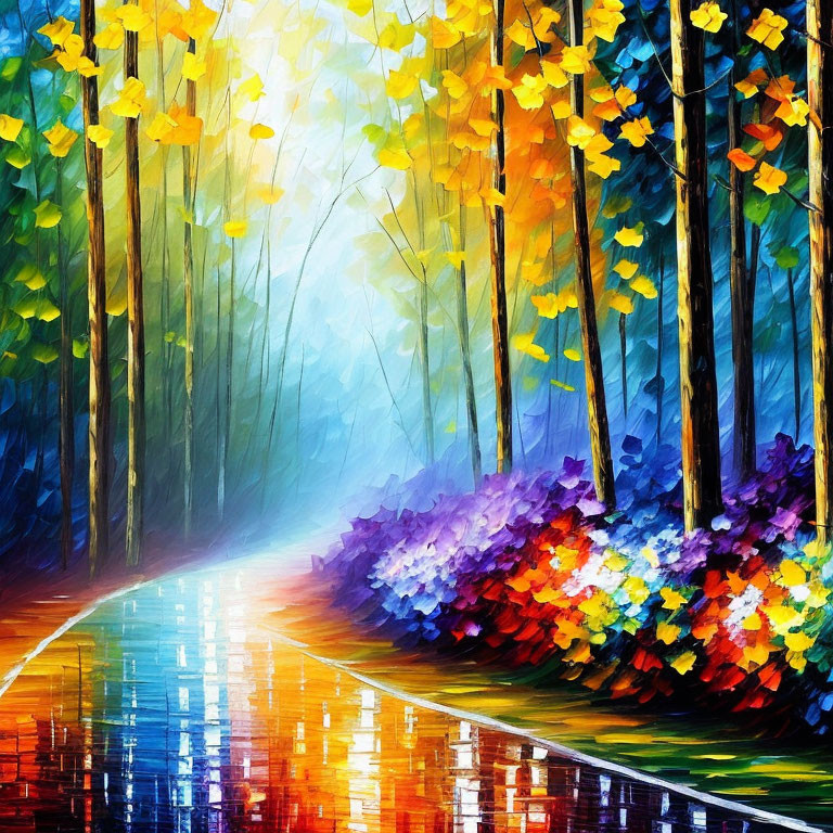 Impressionistic forest path painting with vibrant colors