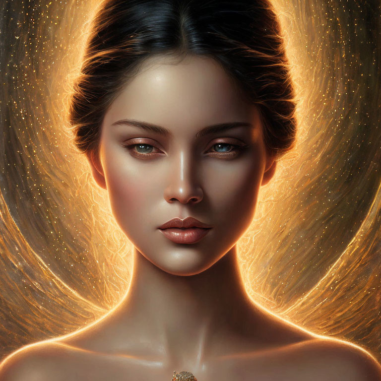 Digital artwork of woman with glowing hair creating halo effect in warm tones