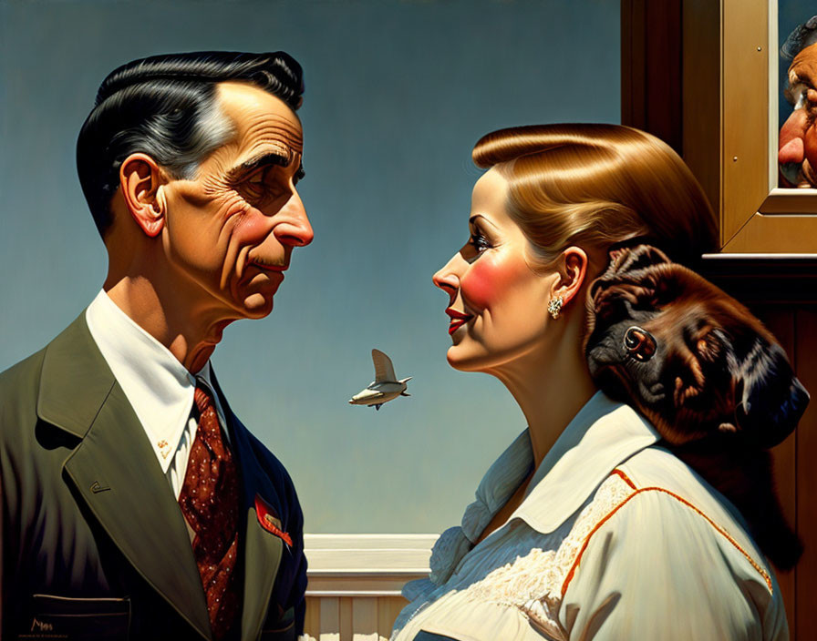 Hyperrealistic Painting: 1950s Couple with Intimate Gaze and Flying Bird