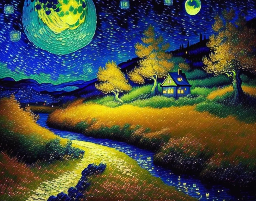 Stylized night scene painting with swirling starry sky and moon