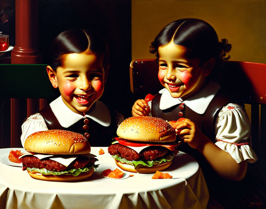 Exaggerated smiles of children with hamburgers in hyper-realistic painting