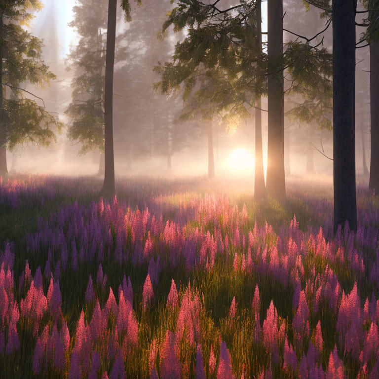 Sunrise forest scene with sunlight, purple flowers, and mist.