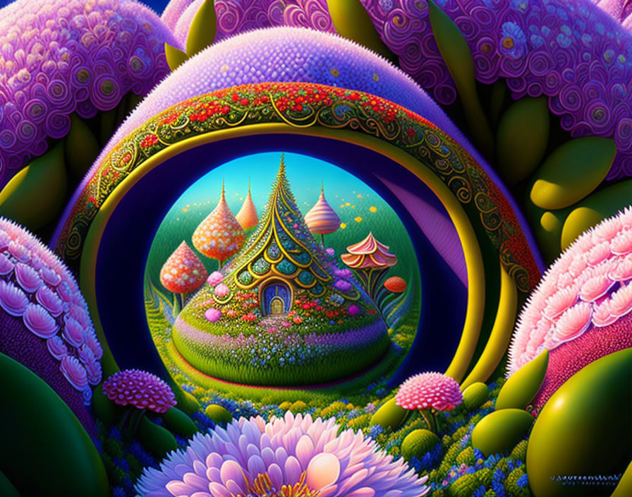 Whimsical fantasy landscape with colorful structures and lush flora