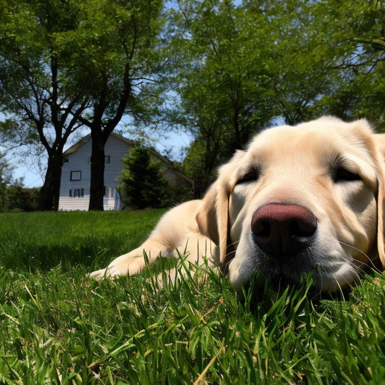 Light-Colored Dog Relaxing on Green Grass with House and Trees in Background