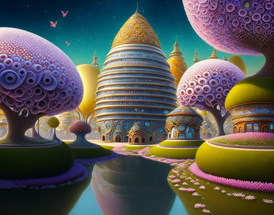 Colorful Trees and Onion-Domed Buildings in Fantastical Landscape