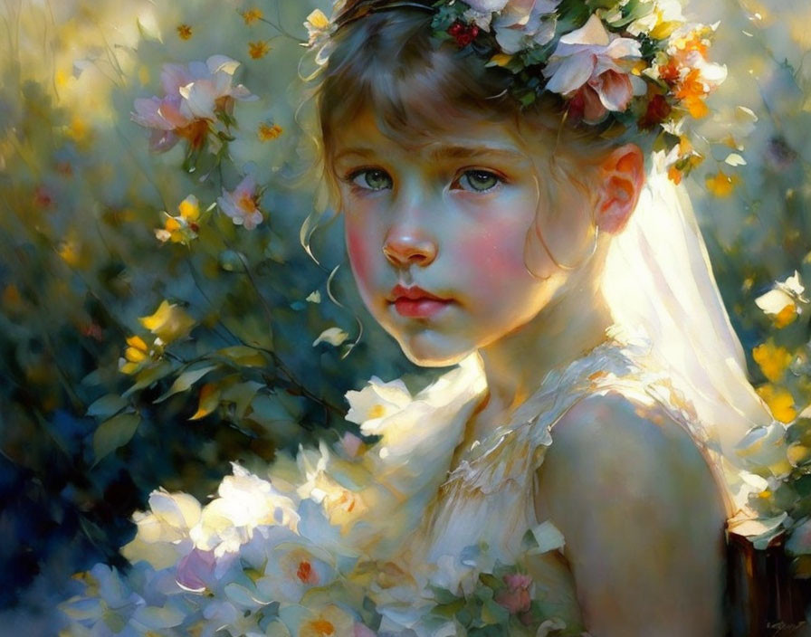 Portrait of young girl with floral crown in sunlit garden