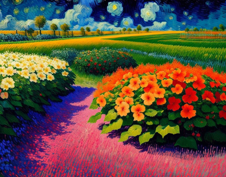 Colorful Flower Garden Painting with Swirling Blue Sky