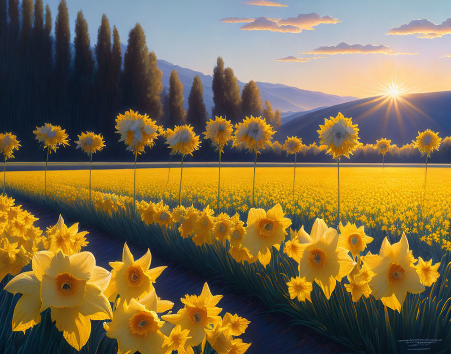 Scenic sunrise with golden daffodils and mountains