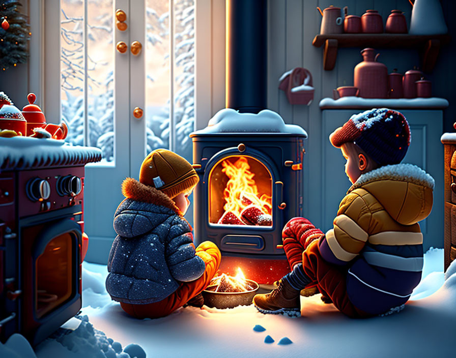 Children sitting in front of the stove on a snowy 