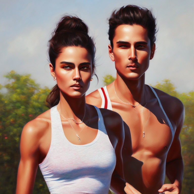 Fit couple in tank top and shirtless, digital artwork with blurred nature background