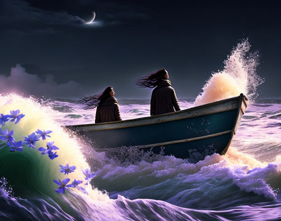 Two people in a boat on stormy sea with flower-filled wave under crescent moon.