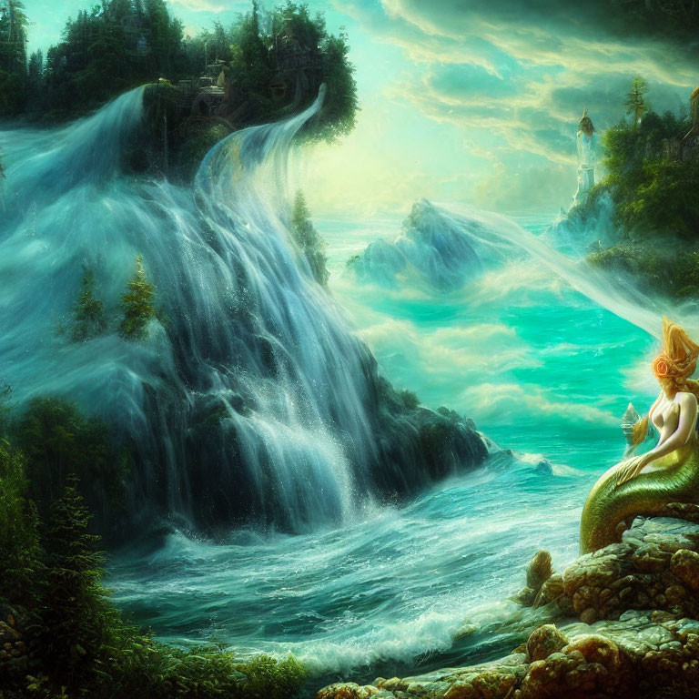 Fantasy landscape with mermaid, waterfall, dramatic sky, greenery, and castles