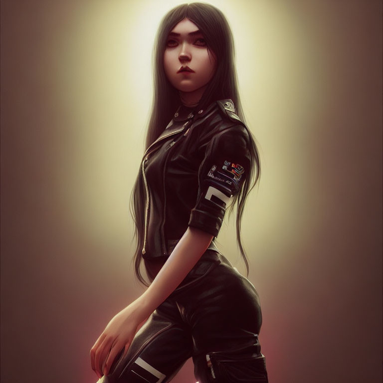 Digital artwork: Woman with long black hair in leather outfit, gazing at viewer