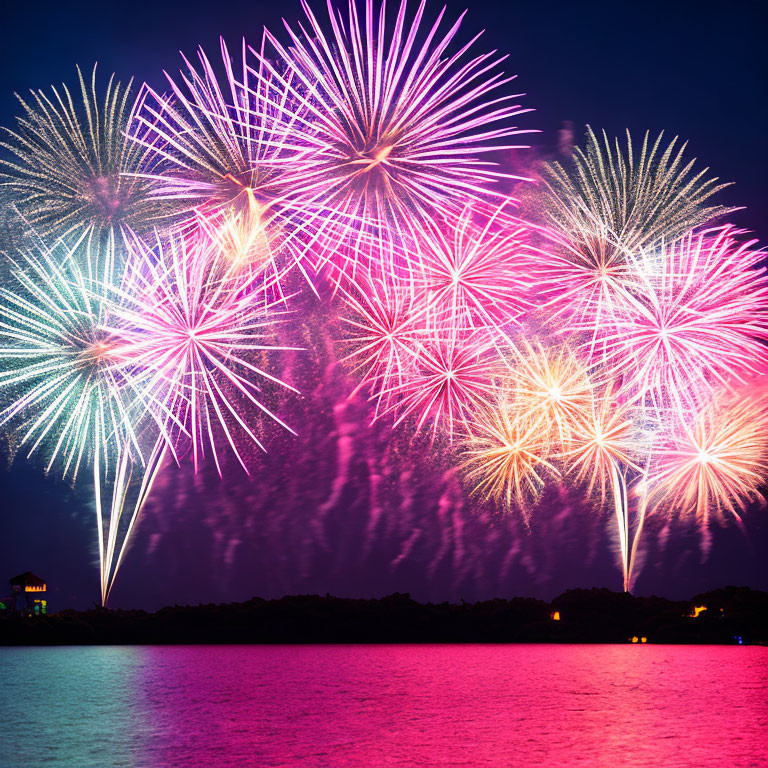 Colorful fireworks light up night sky over water landscape