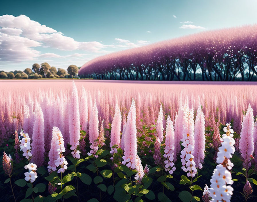 Surreal landscape with pink fluffy plants and curved trees