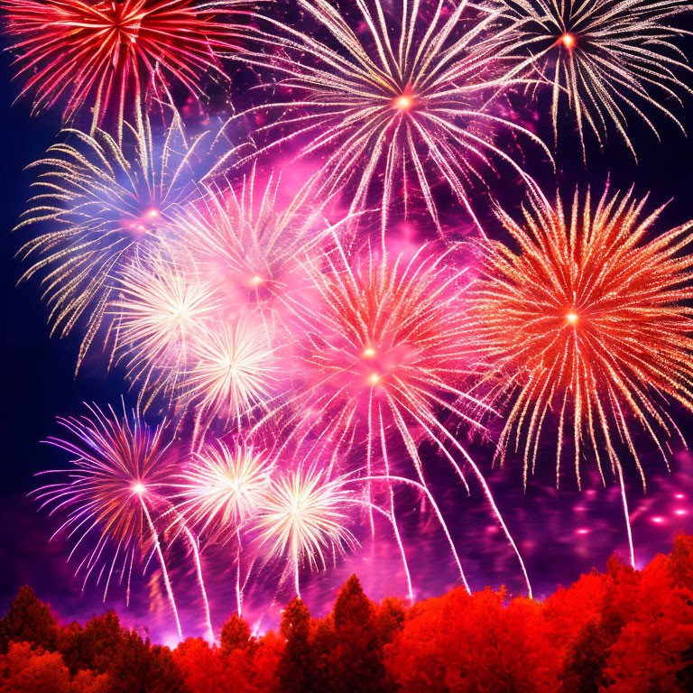 Colorful red and white fireworks against a deep blue night sky
