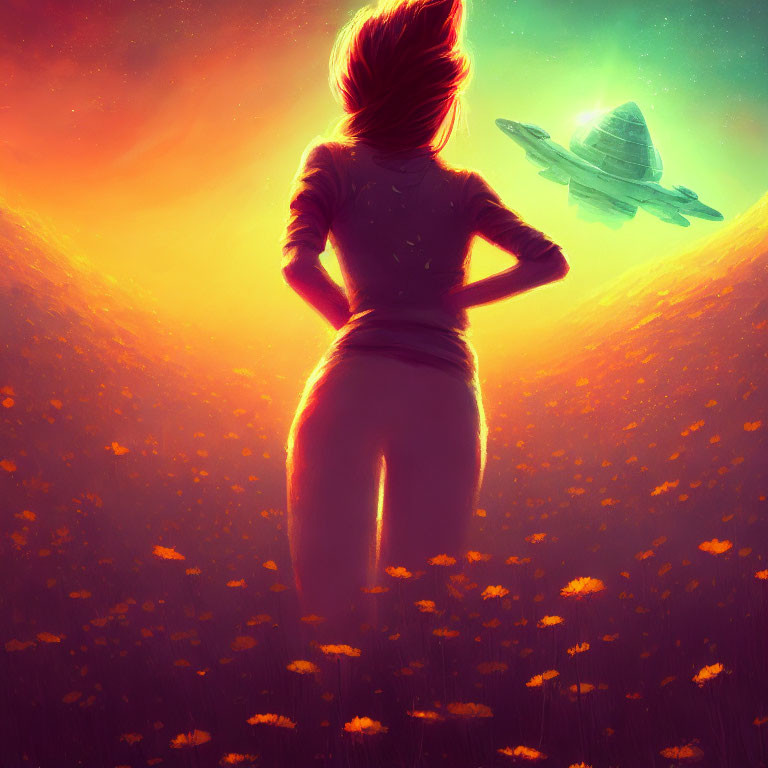 Person in field of flowers at sunset with spaceship in sky