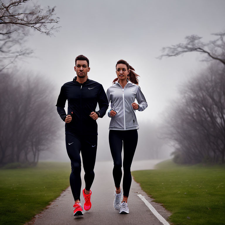 Two individuals jogging in branded sportswear on misty pathway