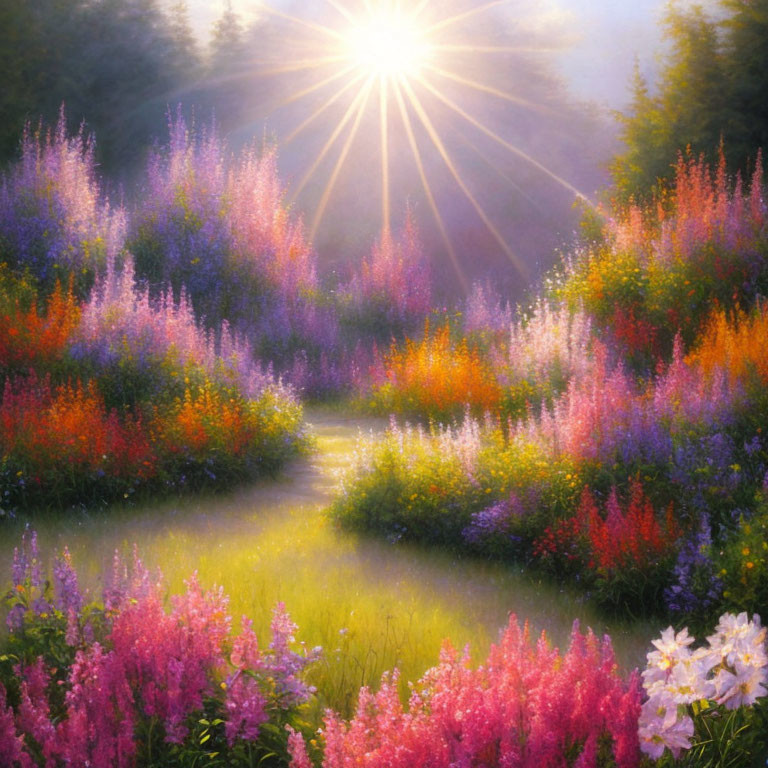 Vibrant flowers in a sunlit magical garden pathway
