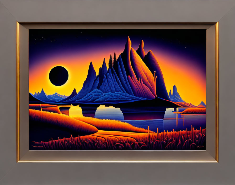 Surreal landscape with purple mountains and dark sun