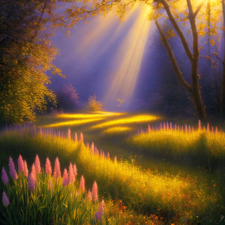 Sunlit Forest Glade with Purple Flowers and Green Grass